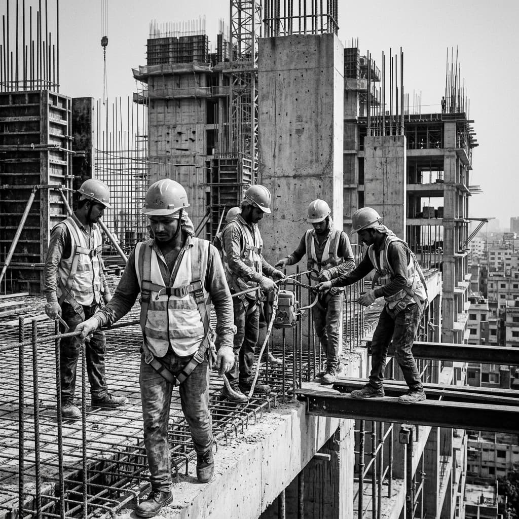 Bangladeshi construction workers in full safety gear